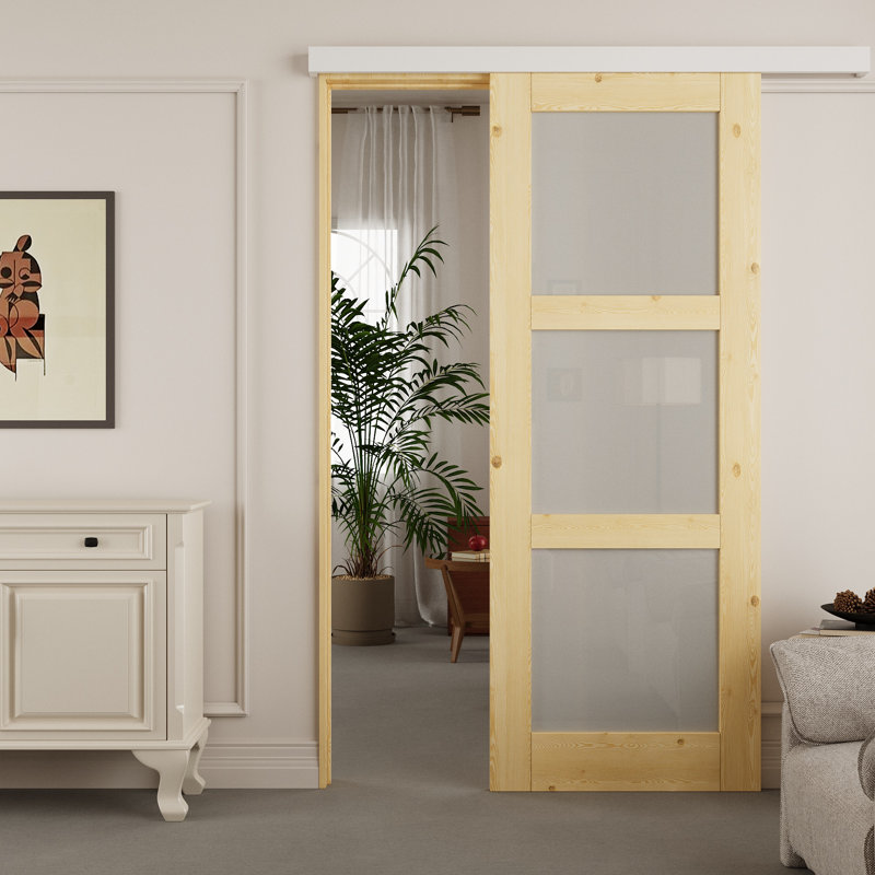 Porte de grange en verre givré massif 3-Lite avec trousse de quincaillerie d'installation pour rail caché, 28 po x 80 po