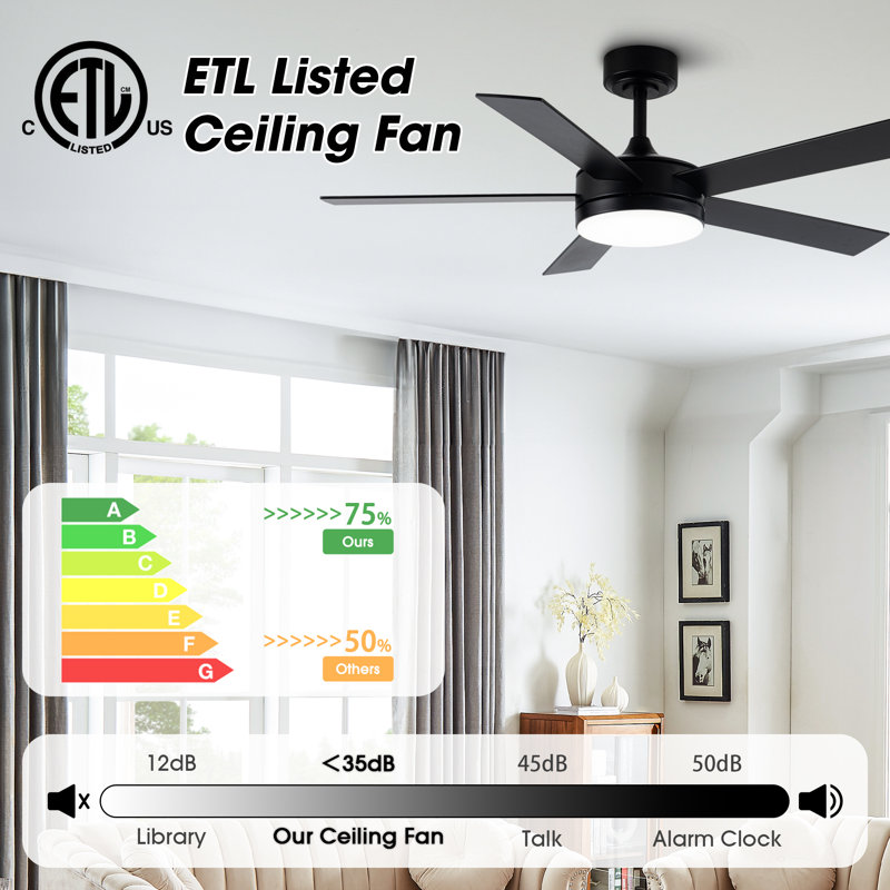 Vaczon 48" 5 - Blade Modern Ceiling Fan with LED Lights and Remote Control, Black with Black/Brown Wood Blades