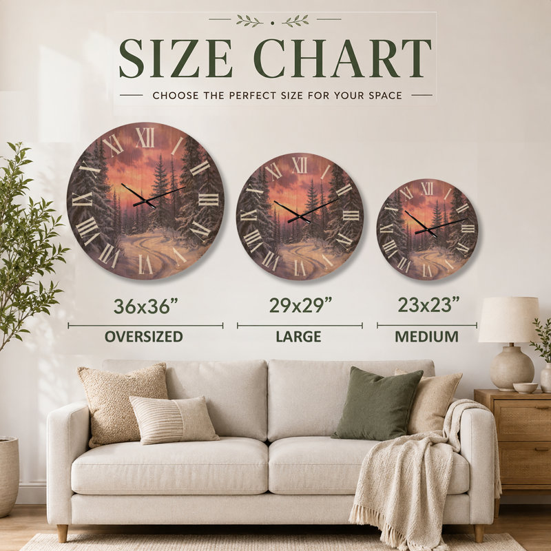 Très grande horloge murale en bois imprimé forêt - pins enneigés au crépuscule, Surdimensionné