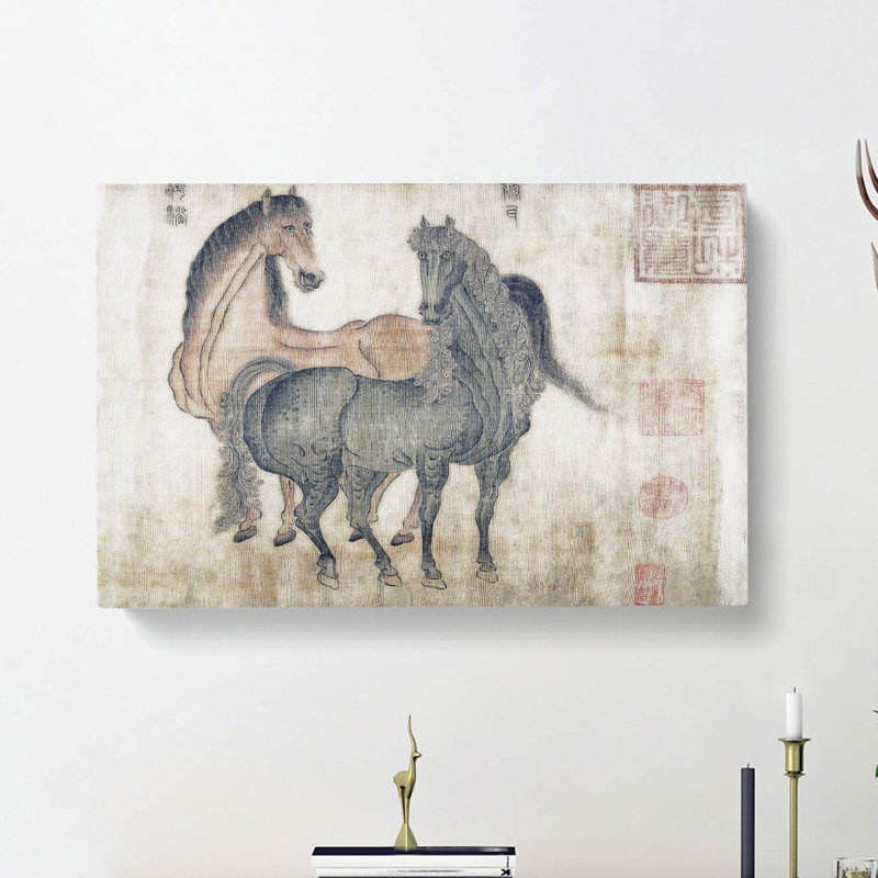 Two Horses by Zhao Mengfu - Wrapped Canvas Painting, 35cm H x 50cm W x 3cm D