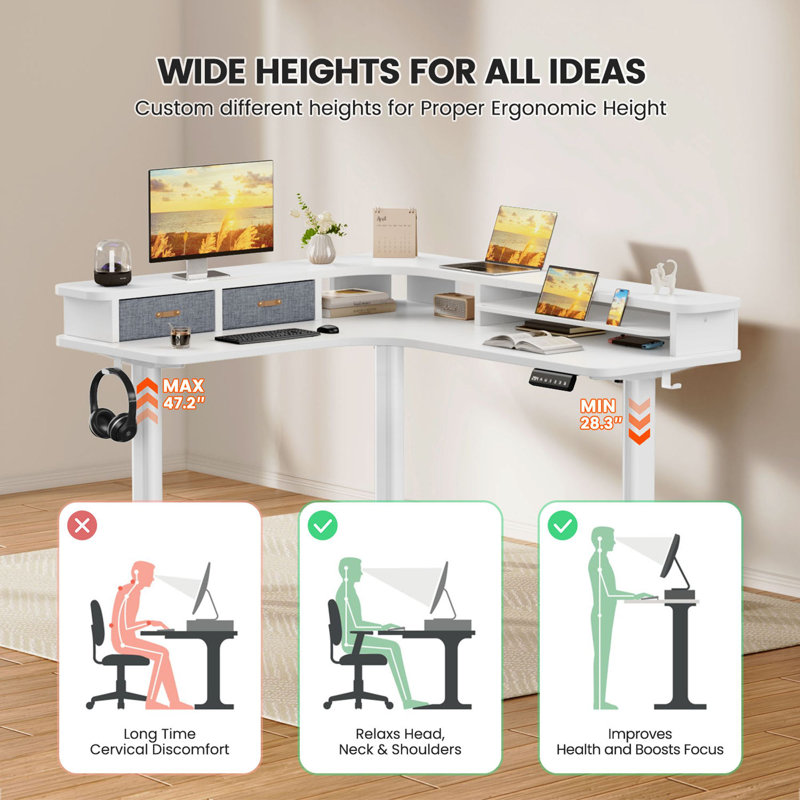 63"W Corner Standing Desk Adjustable Height Electric L Shaped Standing Desk With Drawers Gamers, White