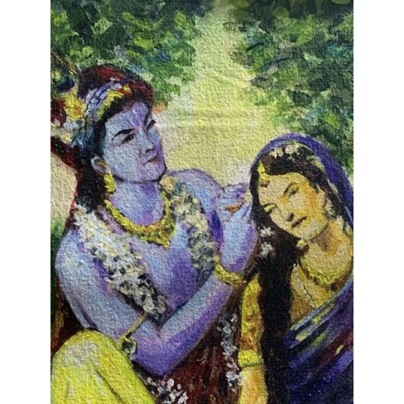 Krishna appliquant des fleurs à Radha | Acrylique sur toile | Par Kishore Kawad