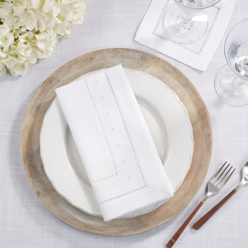 White Hemstitch Embroidered 12" Square Napkin Set