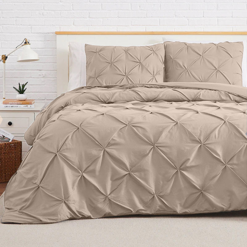  Luxurious Microfiber Pintuck Design Duvet Cover With Pillowcases , Beige, Single Duvet Cover + 1 Standard Pillowcase