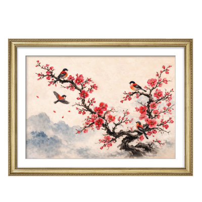 Delicate Cherry Blossom Branch with Birds in Asian Inspired Style for Bedroom Living Room Framed Wall Art 26"x36"
