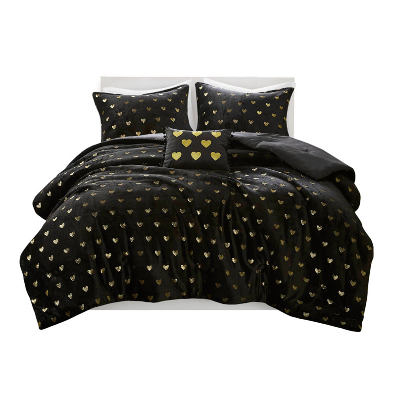 Metallic Printed Plush Comforter Set with Throw Pillow, Black Polka Dots, Full/Double Comforter + 2 Shams + 1 Pillow