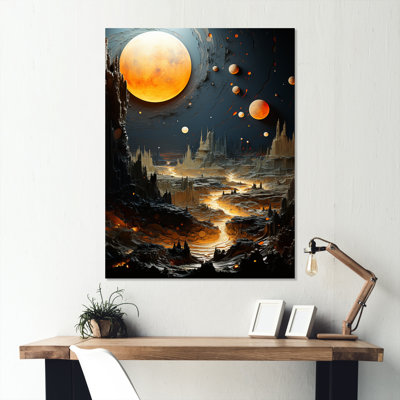 Céleste planète dorée dans un système solaire I - art mural en métal Planète de l'espace