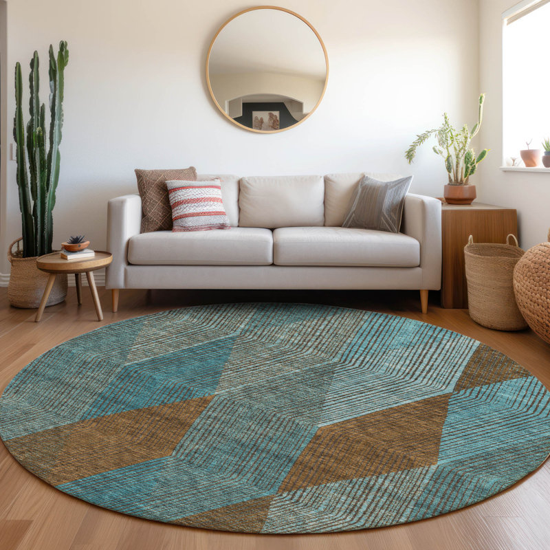 Premium Machine Washable Prisco Teal Rug, Round 8'