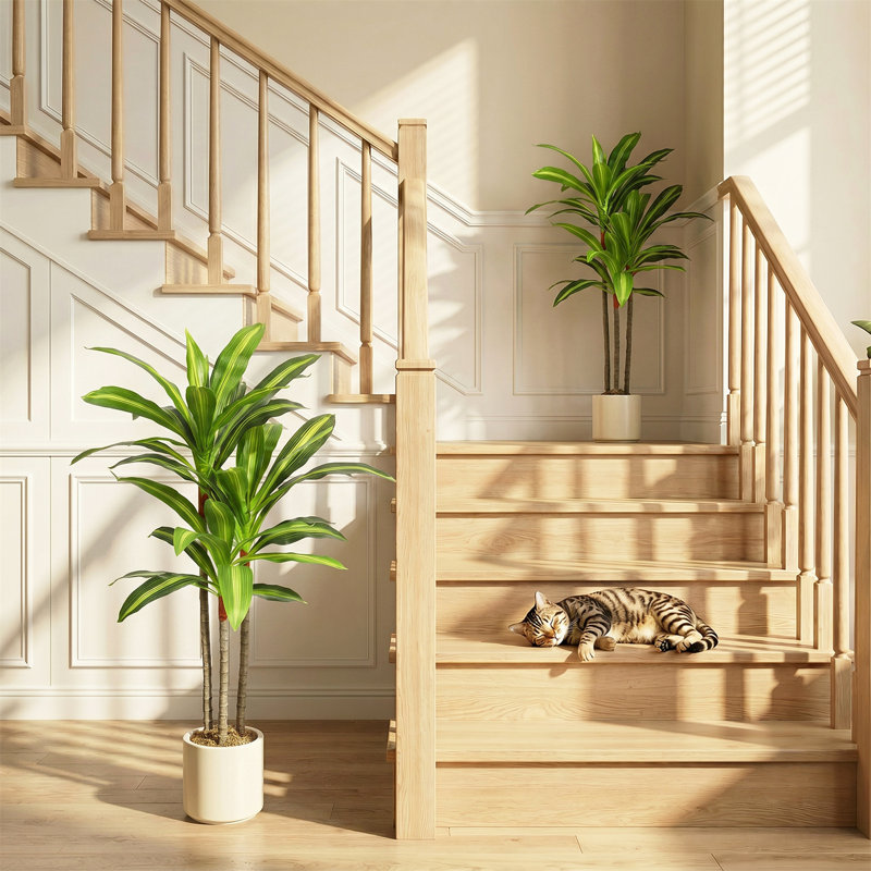 Faux Dracaena Tree Plant in Cement Freestanding  Planter, 2, 90cm H x 40cm W x 30cm D