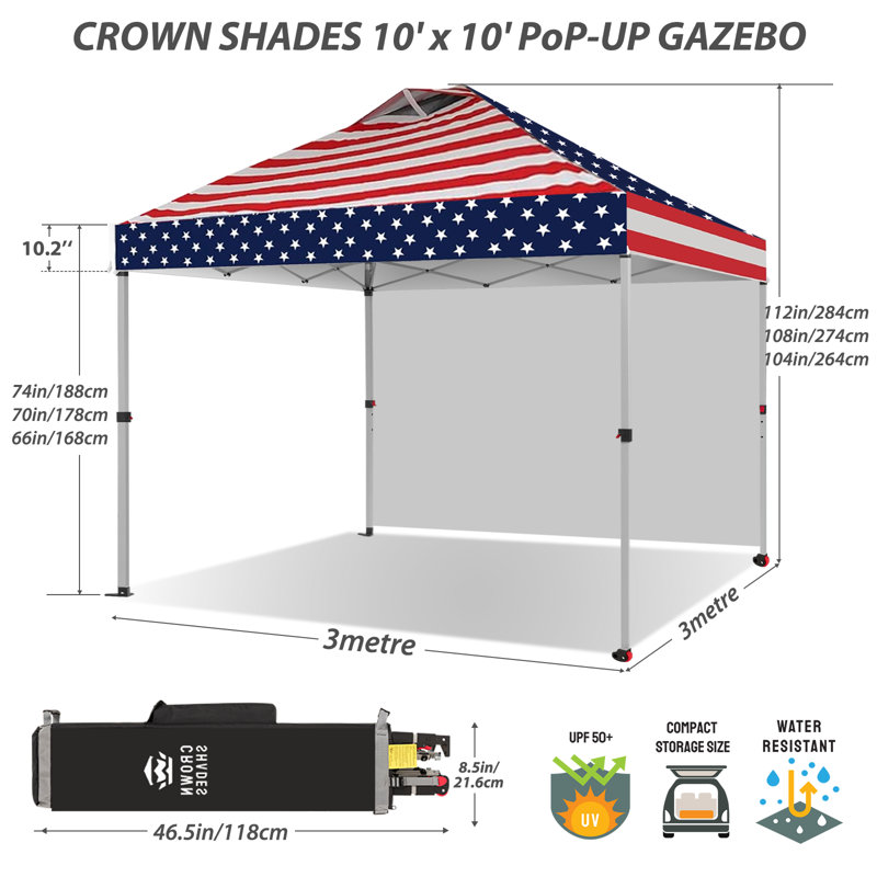 10 Ft. W x 10 Ft. D Steel Pop-Up Canopy Beach Tent with 1 Side Wall, American Flag