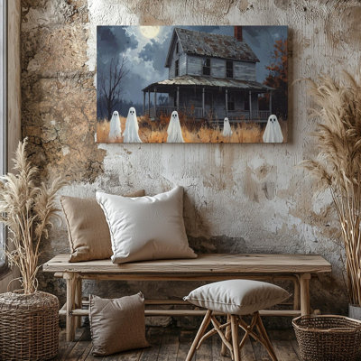 Wall Art Haunted House And Ghostly Yard Moody Blue Gray Halloween Art Canvas Ready To Hang Gallery Wrapped Home Decor Modern Design