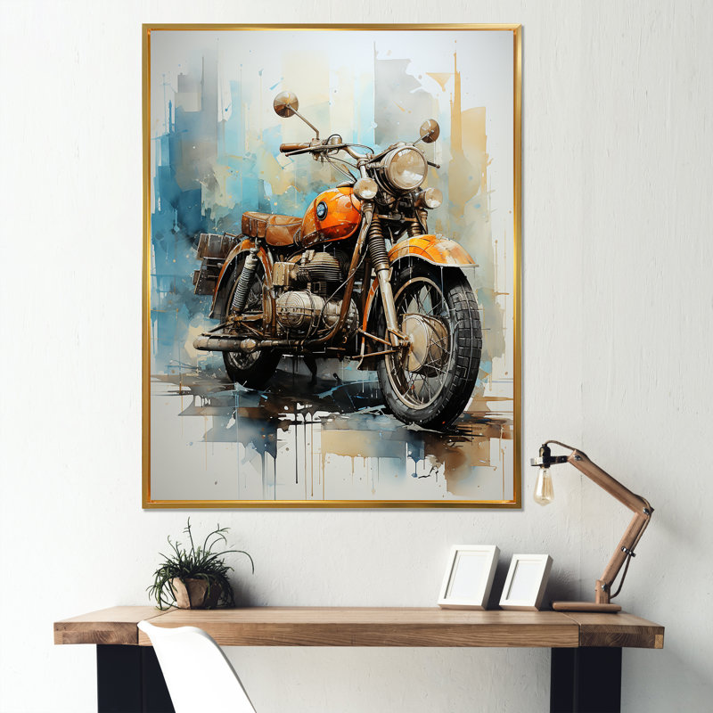 Voyage en moto surréelle sur toile, H 40 po x l 30 po x P 1,5 po, Cadre flottant doré