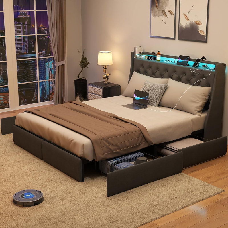 Oneita Upholstered LED Bed Frame with 4 Drawers, Bed with Storage Headboard and Charging Station, Full