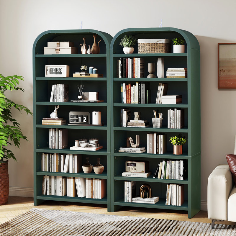Grande bibliothèque arquée en bois avec 7 tablettes ouvertes, Vert