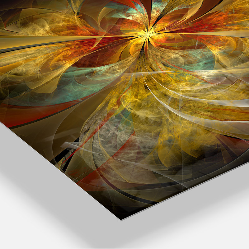 Motif de fleurs symétriques jaune vif - art moderne sur métal, H 28 po x l 12 po x P 2 po