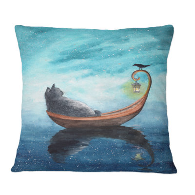 A Cat In A Boat With Lantern And With A Black Bird - Nautical & Coastal Printed Throw Pillow