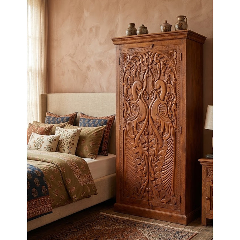 Armoire Cameren Brown Antique en bois massif sculpté à la main, à deux portes, motif paon, Brun