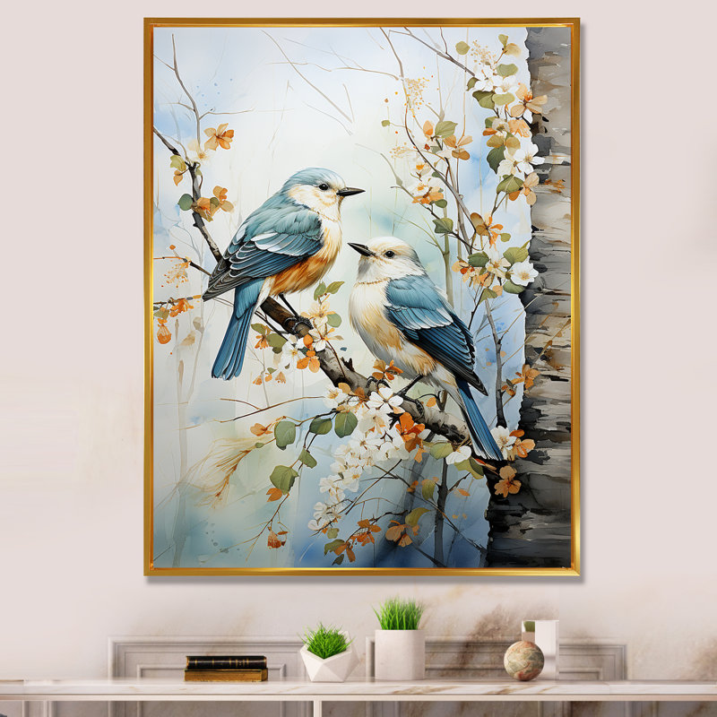 «Birds On Amercian Basswood Tree Bird», art sur toile, arbres, Cadre flottant doré, H 32 po x l 16 po x P 1 po