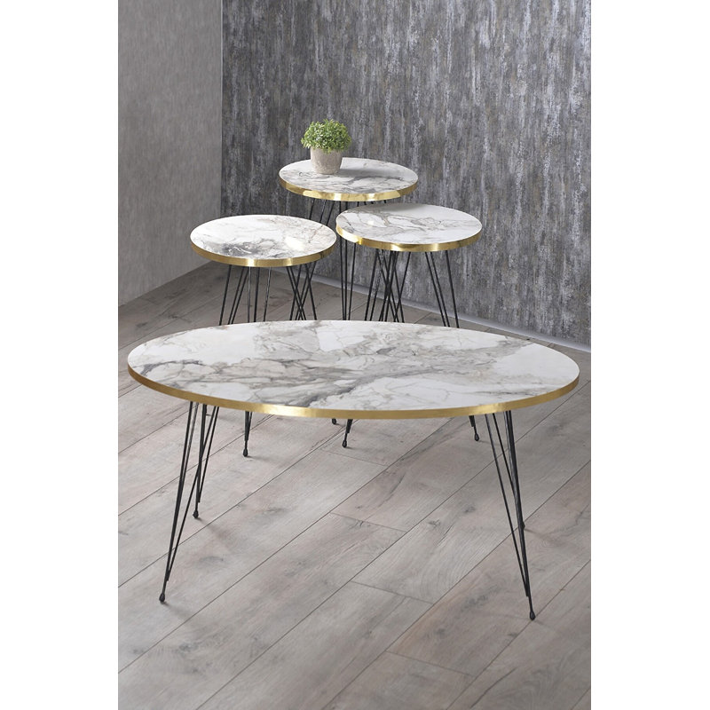 Saige Living Room Table Set, White Marble