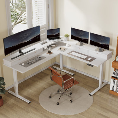 L Shaped Standing Desk With Drawers, Shelf, Adjustable Gaming Table For Home, Office, Gamer