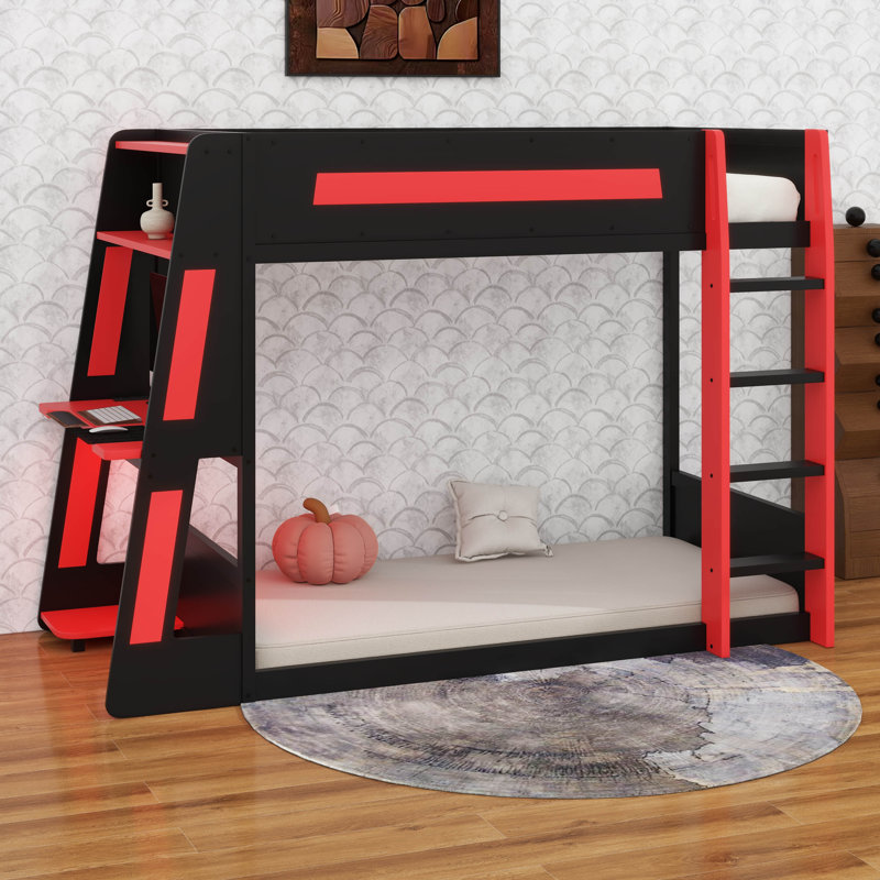 Lit superposé en bois avec bureau intégré, lumières DEL, port USB et 2 tablettes de rangement, Simple, Noir / rouge