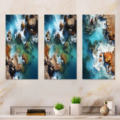 Coral Dreams Coastal Aerial Views I - Coastal Beach Metal Art Print Set Of 3