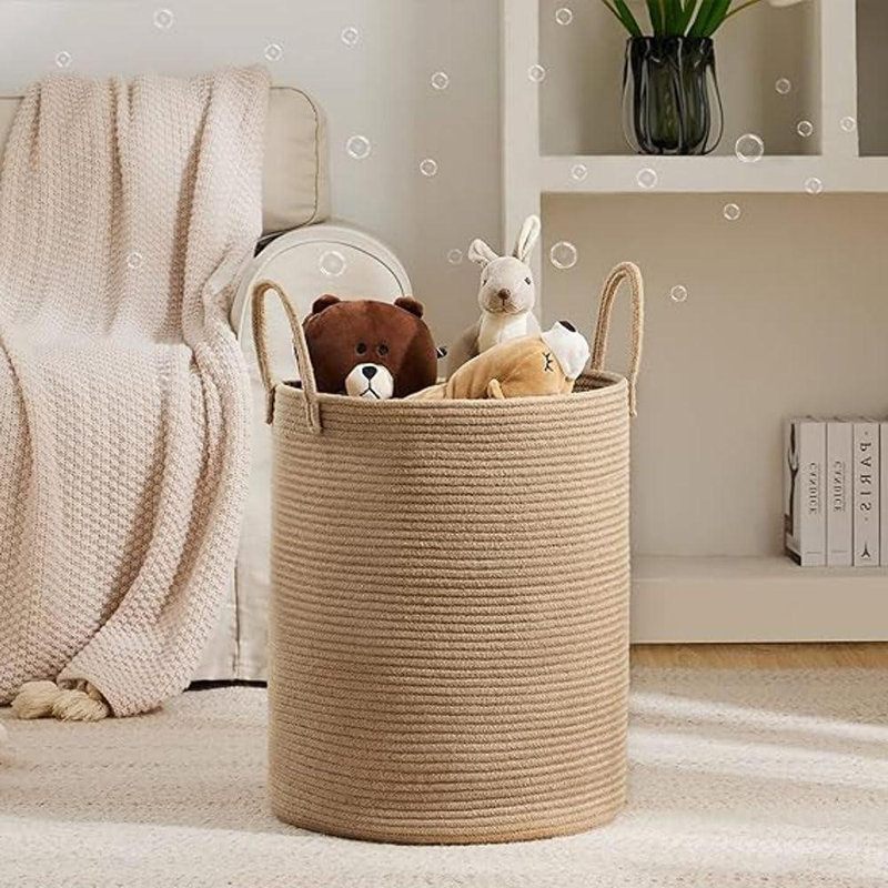 Panier de rangement haut en corde de coton tissé, H 20 po x l 15 po x P 15 po, Sable