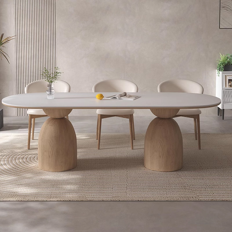 Cream Solid Wood & Stone Slab Oval Dining Table Solid Wood Base Dining Table, 29.53"H x 86.62"L x 39.37"W