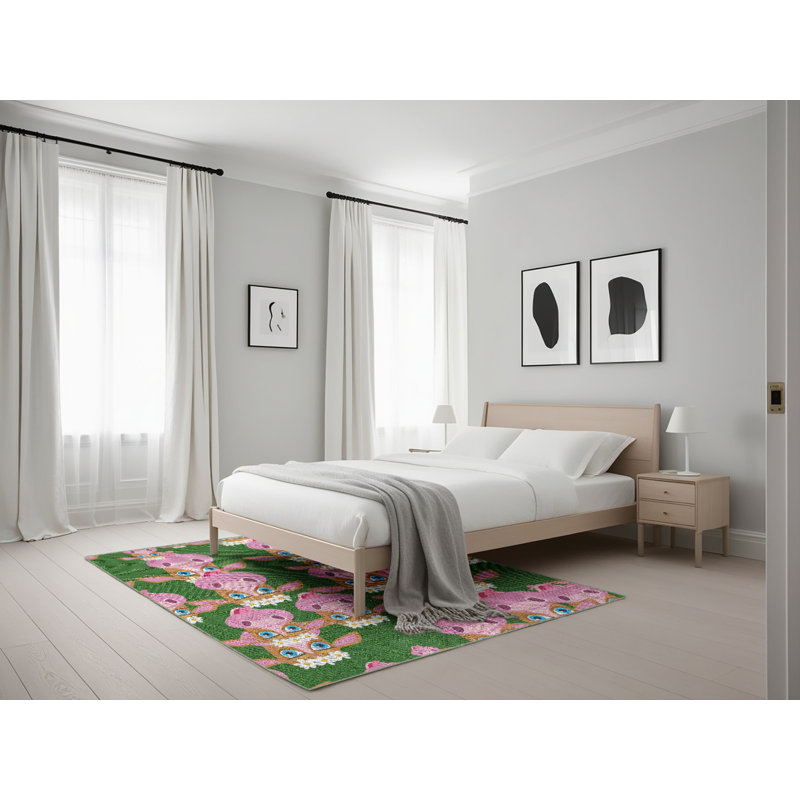 Rose Dahl/Tapis décoratif vert, Rectangle 5 pi x 7 pi