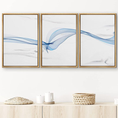 "Signature", impression sur toile encadrée, rubans de fumée bleu délicat, formes géométriques, art numérique, art moderne, minimaliste, détente / calme, multicolore foncé, pour le salon, la chambre à coucher et le bureau - 24 po x 36 po x 3 po