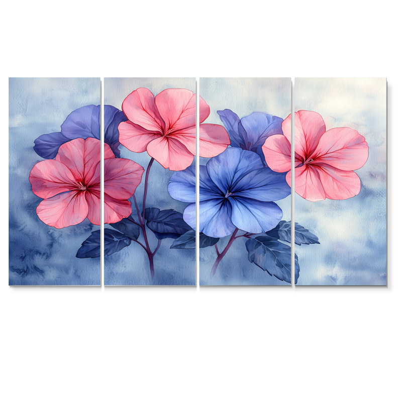 Aquarelle de géraniums à l'aquarelle bleue - Art mural géraniums - Art mural traditionnel, H 32 po x l 64 po, 4