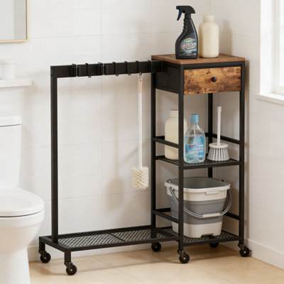 Heavy Duty All-In-One Cleaning Cart With Broom Holder And Storage Organizer, Mobile Utility Cart With Wheels For Home And Commercial Use