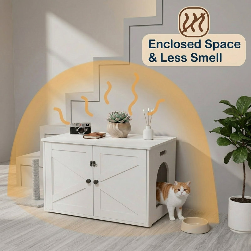 Litière cachée en bois pour chat avec cloison amovible, maison de chat d'intérieur, blanc, Blanc