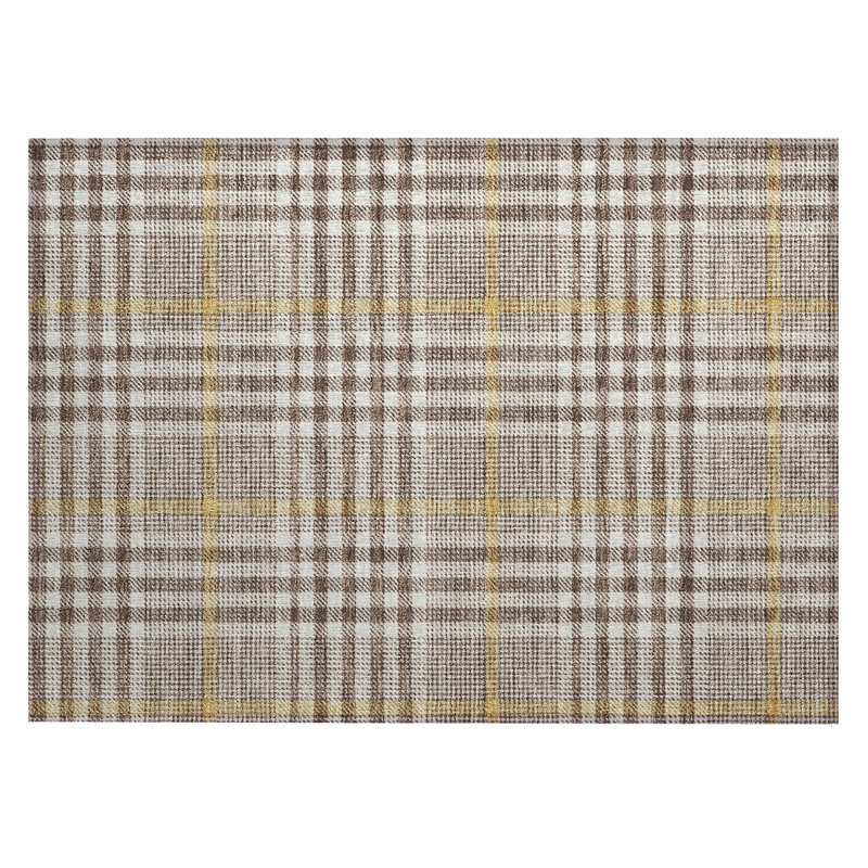 Brown Plaid Synthetic Washable Rectangular Area Rug 30" x 20"