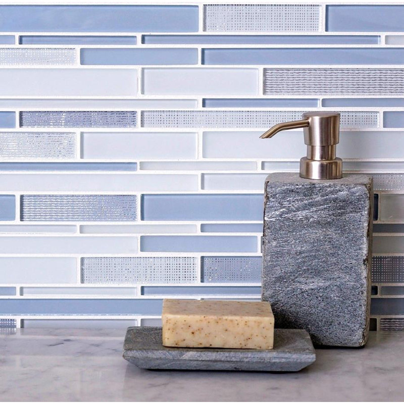 11.8" x 12.2" Glass Mosaic Tile, White/Blue/Silver