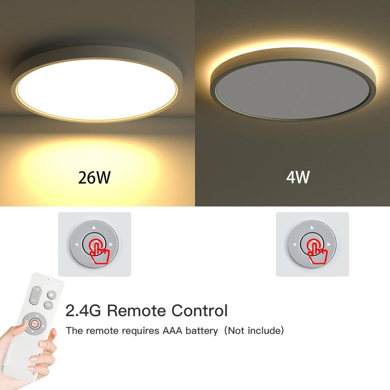 Ceiling Light Fixture With Remote Control, Flush Mount Ceiling Nightlight, 15.8Inch 26W +4W Round Panel Light, 3000K-6500K Light Color Changeable, Brightness(10% To 100%) Adjustable