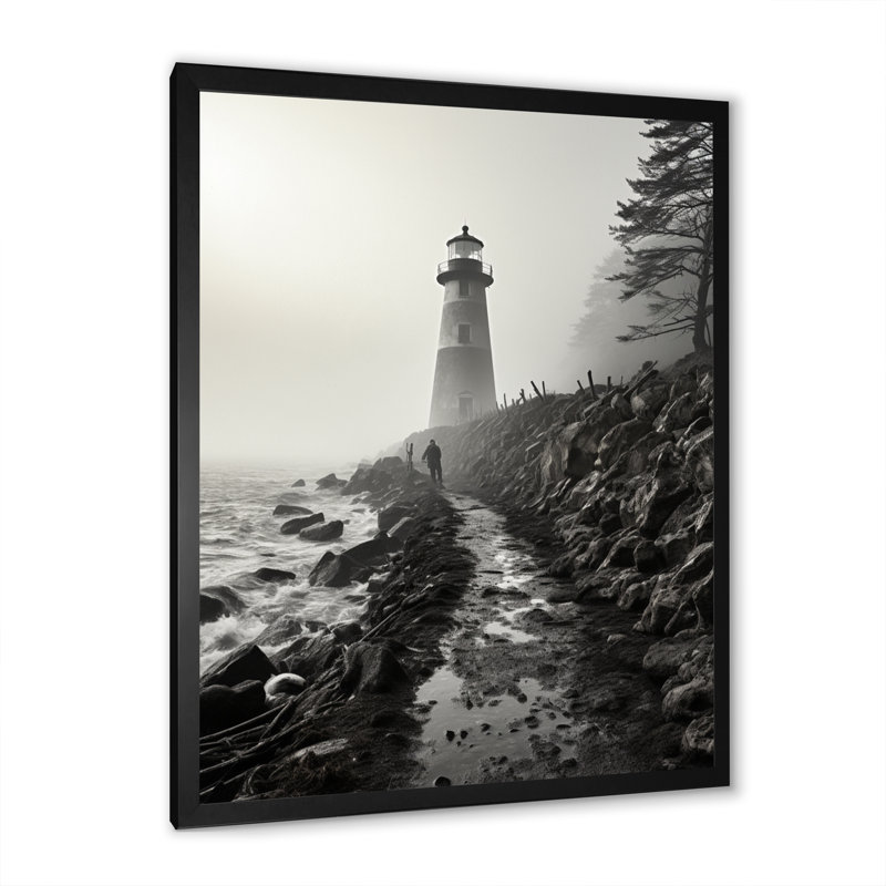 Phare Bansemer noir et blanc avec horizon brumeux, Cadre photo noir, H 32 po x l 16 po x P 1 po