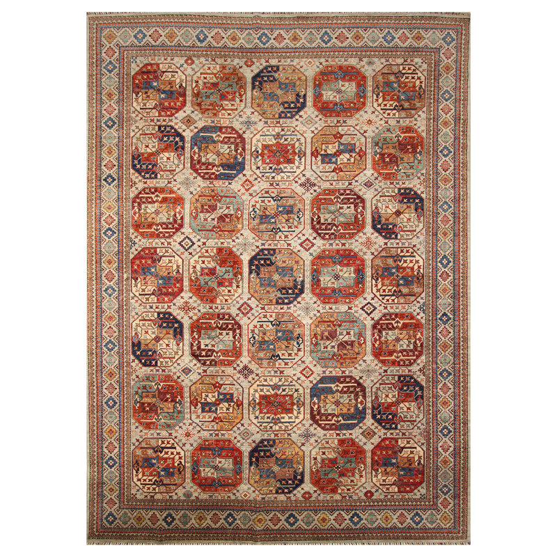 Tapis gris et multicolore de haute qualité noué à la main