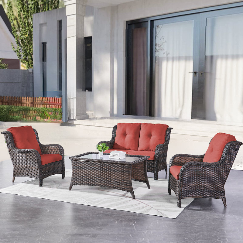 Lequentin Wicker 4 - Person Patio Conversation Set with Cushions, Brown