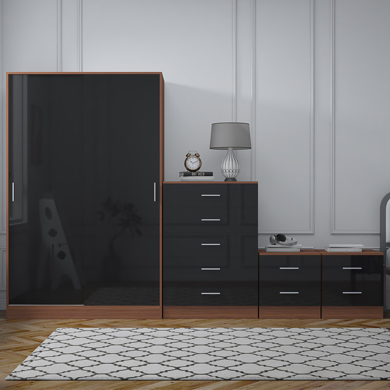 Eva Piece Bedroom Set, Black Gloss / Walnut