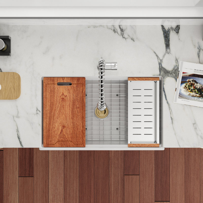 33" L x 20" W Farmhouse/Apron Kitchen Sink Rectangular Single Basin Ceramic Ledge Workstation Sink with Accessories