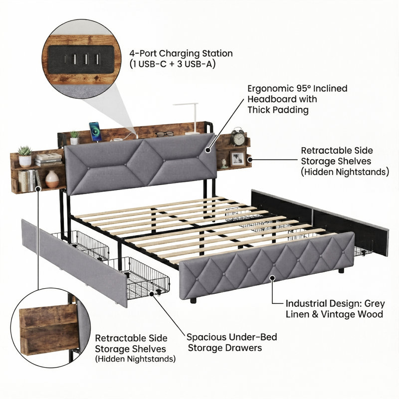 Industrial Storage Bed With 4 Drawers & Retractable Shelves, Upholstered Frame With USB Ports, European Double & King Sizes, Grey