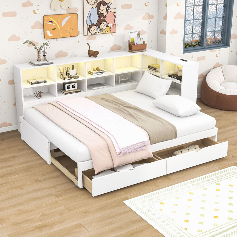 Twin XL to King Size Daybed with Storage, LED Lights, and Built-in Charging Station, White