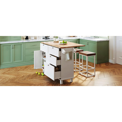 Farmhouse Kitchen Island Set with Drop Leaf and 2 Seatings,Dining Table Set with Storage Cabinet, Drawers and Towel Rack
