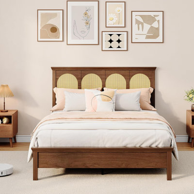 Boho Bed Frame with Rattan Headboard, Bohemian Rustic Platform Bed, No Box Spring Needed, Heavy Duty Wooden Slats Support, Easy Assembly, Under Bed Storage