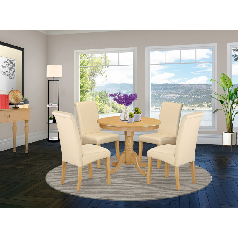 Dining Set Contains a Dinner Table and Linen Fabric Padded Chairs, Beige/Oak, 3 Pieces: Table, 2 Chairs, Mahogany