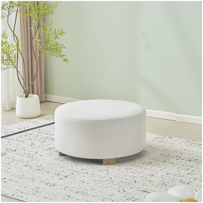 White Fabric Round Ottoman with Wooden Legs, Modern Minimalist Ottoman