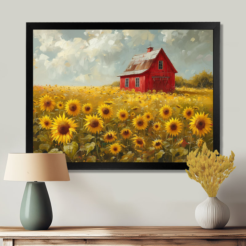 Décoration murale jaune tournesol brun avec une grange rouge - tournesols, H 16 po x l 32 po x P 1 po