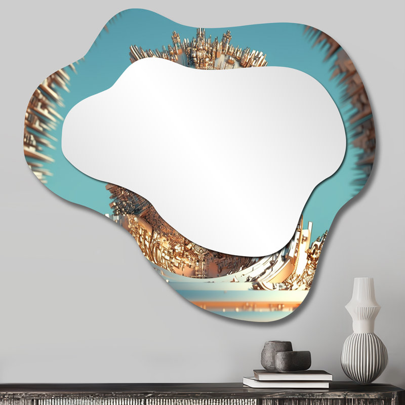 Fractal Turquoise Pastel Cosmic Architecture II - Fractals Asymmetrical Decorative Mirror, Modern Cloud Wall Mirror, Printed Metal Art