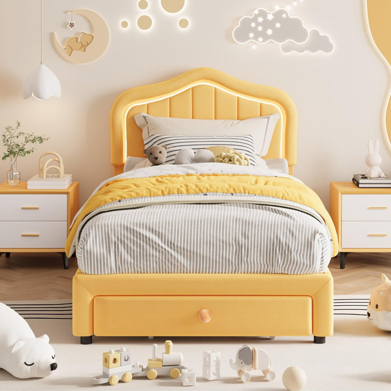 Structure de lit simple tapissier avec tiroir de rangement, lit plateforme pour enfants, support à lattes de bois, aucun sommier requis, assemblage facile, orange
